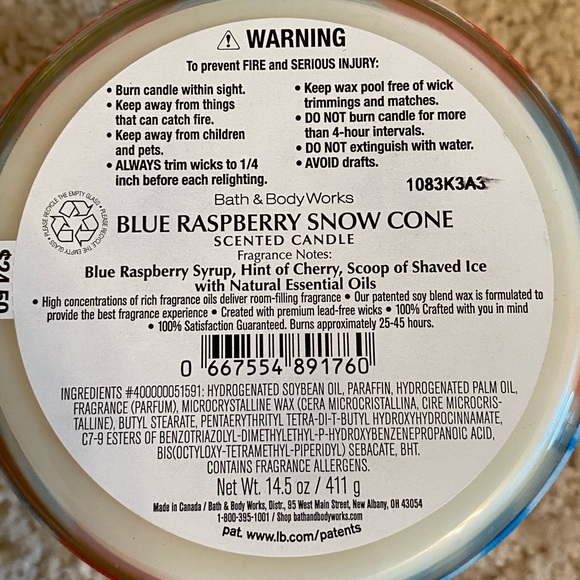 Blue Raspberry Snow Cone 3 wick candle - Picture 3 of 3